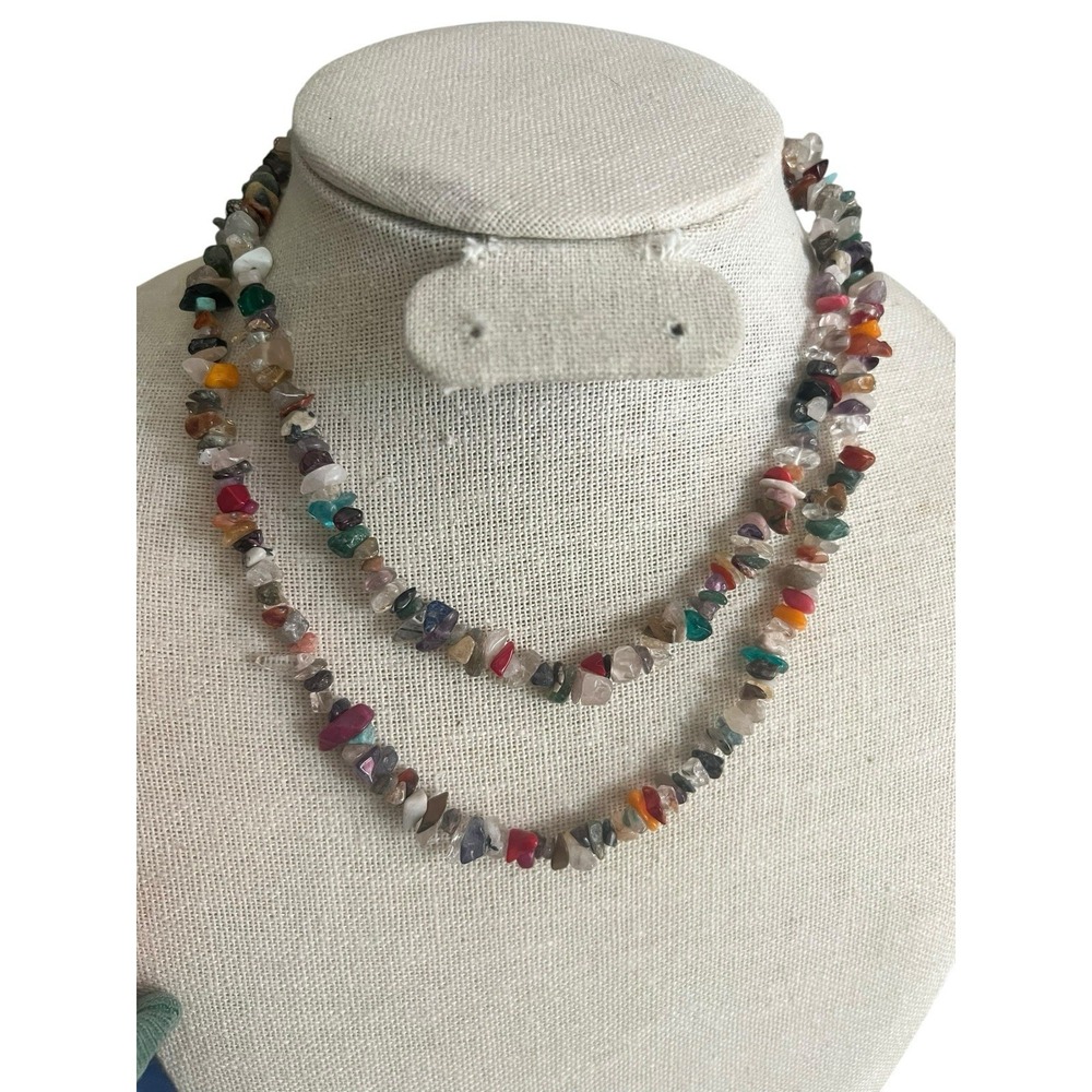 VIBRANT MULTI-COLORED IRREGULAR CHIP-SHAPED NATURAL‎ GEMSTONE BEAD NECKLACE 34"